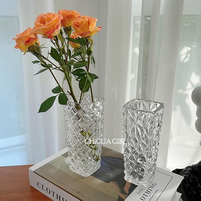 Clear Glass Vase for Flowers Esmiome Square Embossed Rectangle 6in High Glass Bud Vases Small Vase for Flowers Plant Terrarium Candle Holder Water Glasses for Wedding Centerpiece Office Table,IcePlate