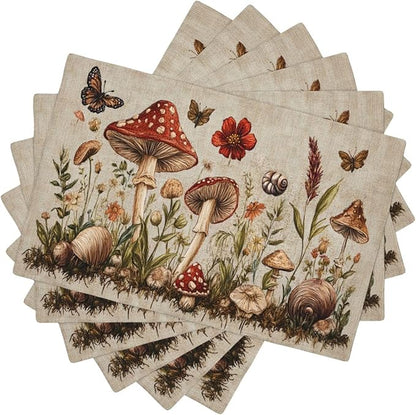 Rustic Mushroom Placemats Set of 6 Washable Table Mats Vintage Botanical Leaf Heat-Resistant Cotton Linen Place Mats for Dining Table Kitchen Indoor Outdoor Party Holiday Decor