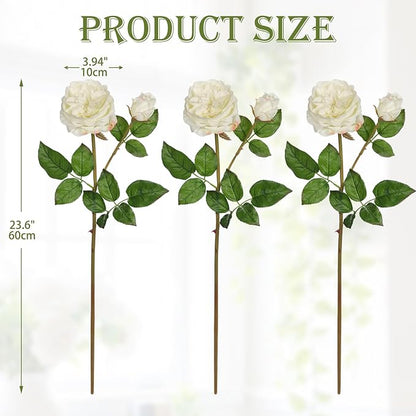 Real Touch Artificial Roses (Set of 3) – 23.6" Long Stem White Garden Roses – Lifelike Faux Silk Flowers for Wedding Bouquets, Home Décor, Centerpieces & Floral Arrangements
