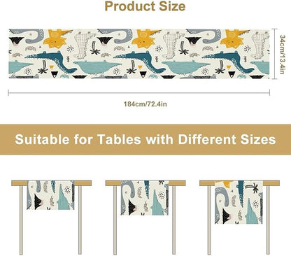 Cartoon Dinosaur Table Runner,Kids Boys Cute Various Dino Moutain Modern Abstract Print Tablecloth Burlap for Hotel Indoors Outdoor Dining Room Kitchen Holiday Party, 13x80in