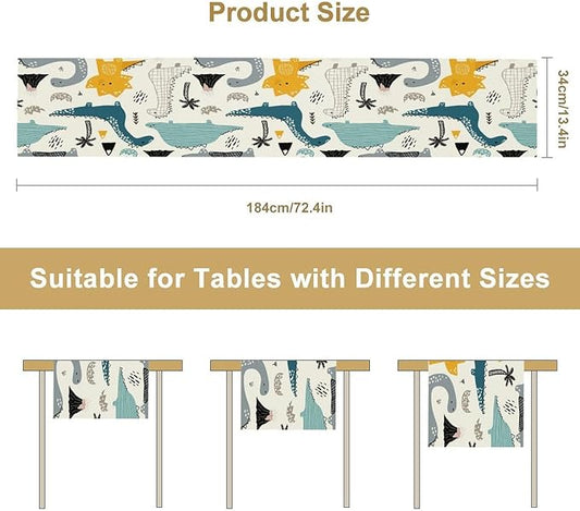 Cartoon Dinosaur Table Runner,Kids Boys Cute Various Dino Moutain Modern Abstract Print Tablecloth Burlap for Hotel Indoors Outdoor Dining Room Kitchen Holiday Party, 13x60in