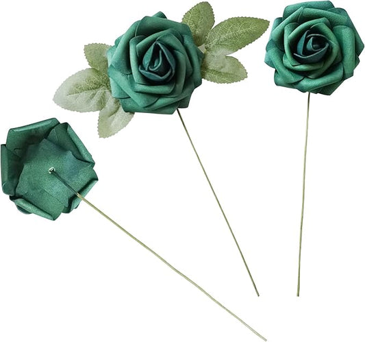 25pcs Dark Green Artificial Flower Foam Rose Real Touch Roses Flower Heads with Stem for DIY Wedding Bouquets Centerpieces Arrangements Party Baby Shower Home Decor (Dark Green)