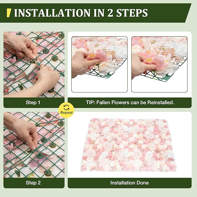 12 Pcs Artificial Flower Wall Panels, 24"x16" 3D Pink Silk Dahlia Hydrangea Rose Flowers Wall Backdrop Artificial Silk Fabric Flower Banquet Wedding Party Decor for Stage Background (Type 1)