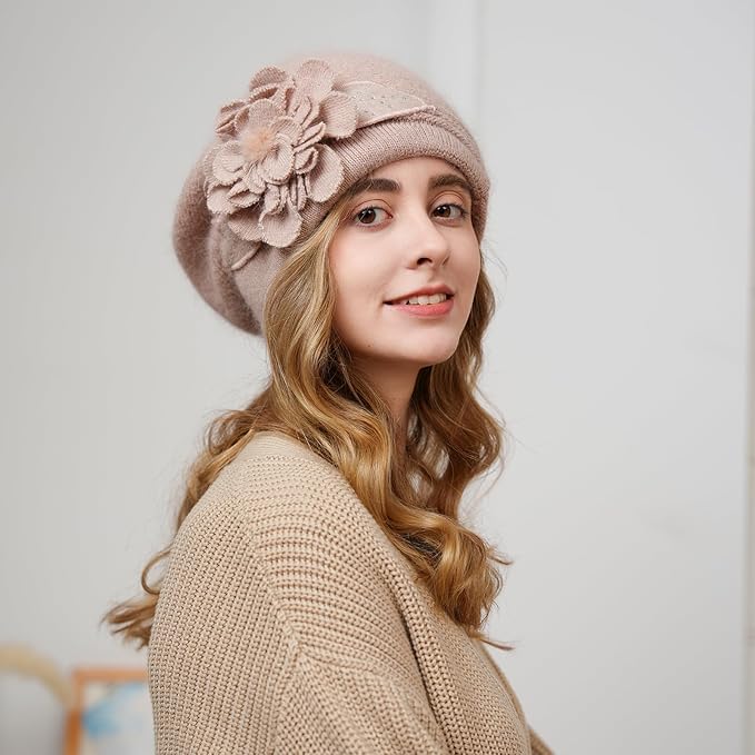 Flower Women Beret, Double Layer Thickened Winter Knitted Beanie Beret Hat, Stylish French Dress Beret Hats for Women