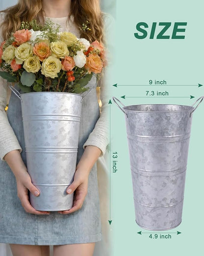 12 Inch Galvanized Metal Vases for Flowers - 2 Pcs Farmhouse Decorative Tall Flower Bucket with Handles, Rustic French Tin Planter Buckets for Wedding Decor (Silver)