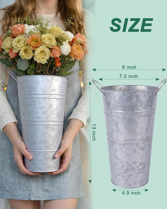 12 Inch Galvanized Metal Vases for Flowers - 6 Pcs Farmhouse Decorative Tall Flower Bucket with Handles, Rustic French Tin Planter Buckets for Wedding Decor (Silver)