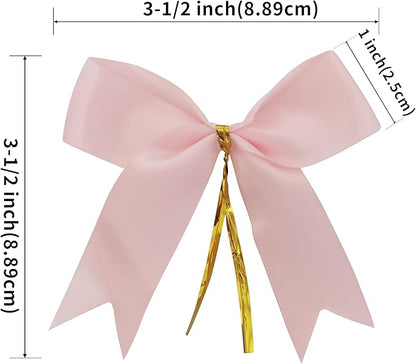 50pcs 3.5" Double Face Satin Pink Bows with Twist Ties Bows Wine Bows Tie with Fish Tail Cutting (Pink)