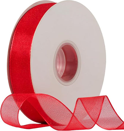 Sheer Organza Ribbon 1 Inch Chiffon Ribbons for Gift Wrapping, Flower Bouquet, 50 Yards/Roll (Red)