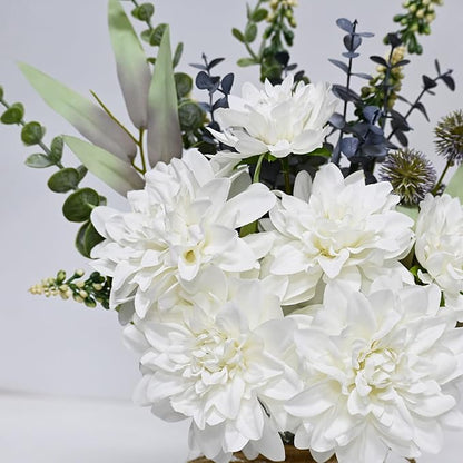 LADADA Vase Fake Flowers, Artificial Silk White Dahlias Arranged in Vases, EucalyptusTrees, Pampas Grass, and Hemp Rope for Farmhouses 14.5'' Floral Arrangements for Dining Table Centerpiece Decor