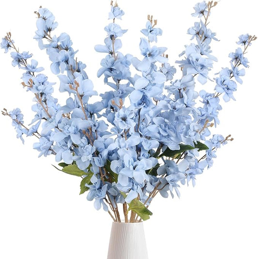 6PCS Blue Delphinium Artificial Flower Lifelike Silk Larkspur Flowers Plant 35.43" Long Stem Blossoms Fake Flowers for Tall Vase Floral Arrangements Home Table Wedding Decor(Blue)
