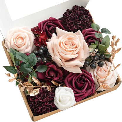 Ling's moment Burgundy Artificial Flowers and Greenery Mini Combo Box Set, Marsala & Blush Fake Flower for DIY Wedding Bridal Bouquet, Centerpieces Decor, Floral Arrangement Decor, etc.