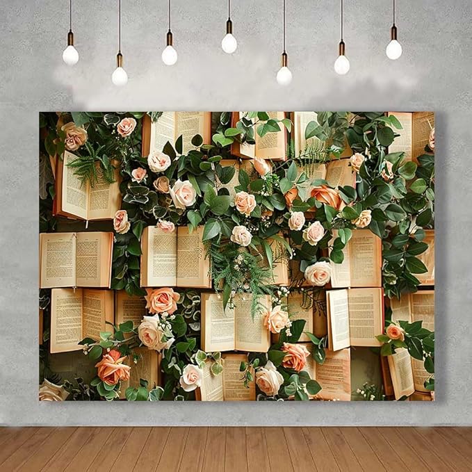 10x8FT Books Flowers Wall Photography Backdrop Green Leaves Rose Flowers Vintage Books Background Newborn Bridal Shower Birthday Party Banner Decor Supplies Photo Studio KUBDJ1003