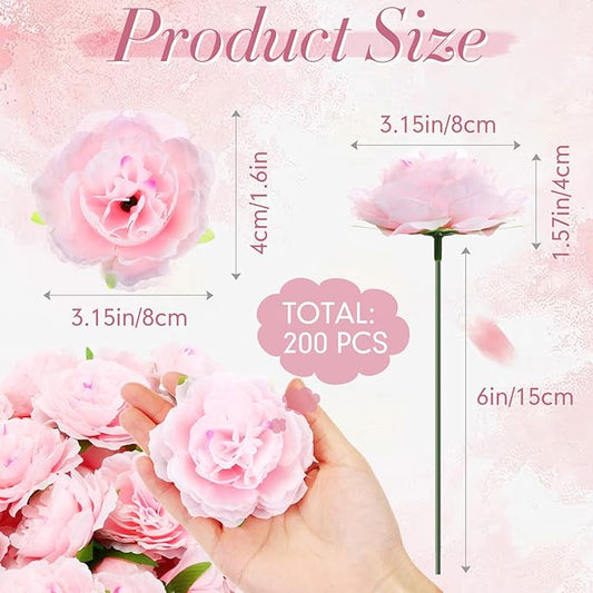 200 Pcs Flowers Long Stem Artificial Rose Bulk, 3.2 Inches Silk Rose Head Flowers Faux for Wedding Bridal Bouquet Independence Day Home Floral DIY Centerpieces Party Decoration(Pink)