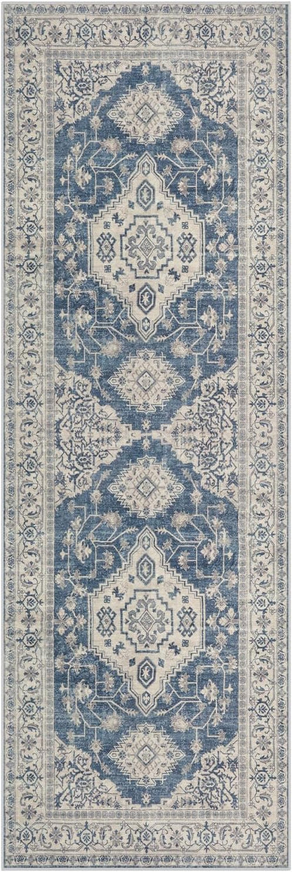 Lahome Oriental Kitchen Runner Rug Non Slip, 2x5 Washable Hallway Runner with Rubber Backing, Vintage Hallway Rug Ultra-Thin Soft Carpet for Bedroom Bathroom, Blue