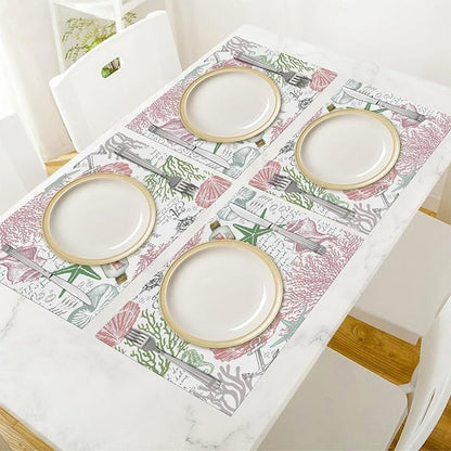 Summer Ocean Placemats Set of 4,Nautical Coastal Pink Green Starfish Seashell Coral Theme Linen Table Mats for Home Kitchen Dining Party Decor 6 PCS