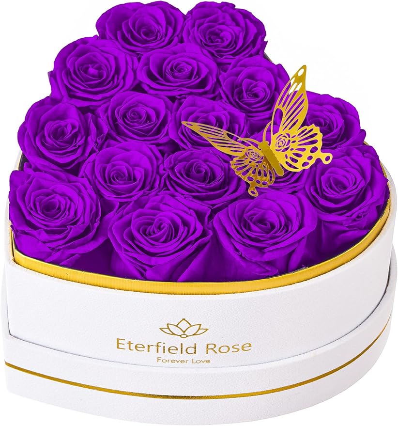 Eterfield 16 Forever Flowers in Heart Shape Box, Preserved Roses That Last a Year Preserved Flowers Birthday Gifts for Her Mom Women Wife Anniversary Valentines Day Mothers Day Christmas, Purple