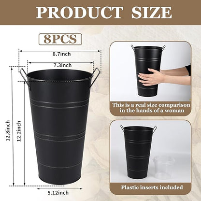 Set of 8 12.8inch Black Rustic Vase, Galvanized Buckets for Party, Metal Flower Vase, Flower Holder, Bloom Bar Supplies, Floral Buckets (Black, 12.8inch Height, 8pcs)