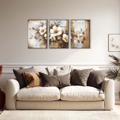 YCJKJDZ Dark Floral Wrapped Canvas Wall Art Set of 3, Neutral Fall Plant Bohemian Vintage Moody Flower Wall Decor Artwork for Farmhouse Bedroom Living Room Office, 16x24 inches