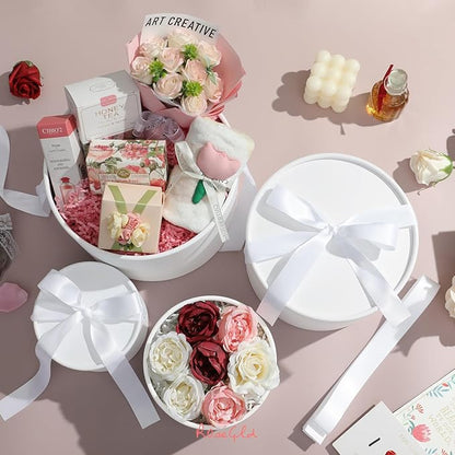 ROSEGLD Round Gift Boxes with Lids Set of 4, Luxury Gift Boxes with Ribbons Assorted Sizes, Nesting Gifts Boxes for Flowers Arrangements, Bridesmaid, Proposal, Wedding, Birthday, Party (Matte White)