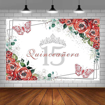SENDY 8x6ft Quinceañera Backdrop Mis Quince 15 Anos Birthday Party Decoration Supplies for Girl Princess Red Floral Flower Butterfly Silver Crown Photography Background Banner Photo Booth Studio Props