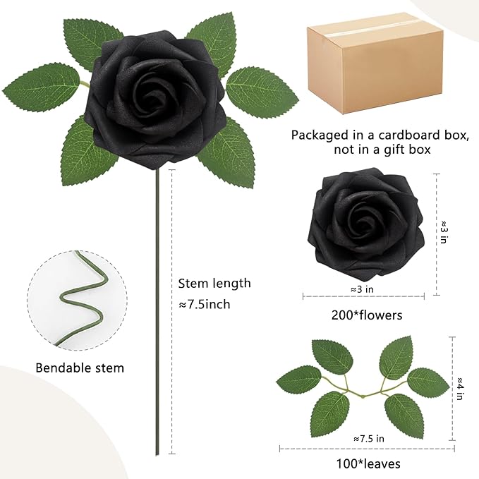 200PCS Black Artificial Flowers Roses Real Looking Foam Fake Roses with Leaves for DIY Wedding Bouquets Bridal Shower Party Decorations (Black, 200)
