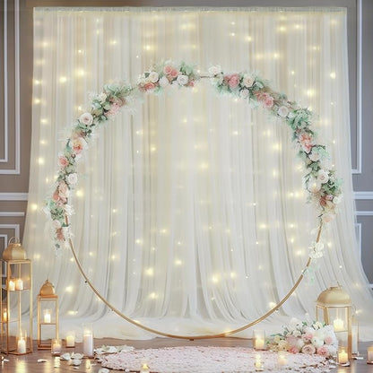 30x8ft Ivory Tulle Backdrop Curtain with Lights String for Parites, Sheer Backdrop Curtains for Wedding Baby Shower Birthday Party Photo Shoot Decorations