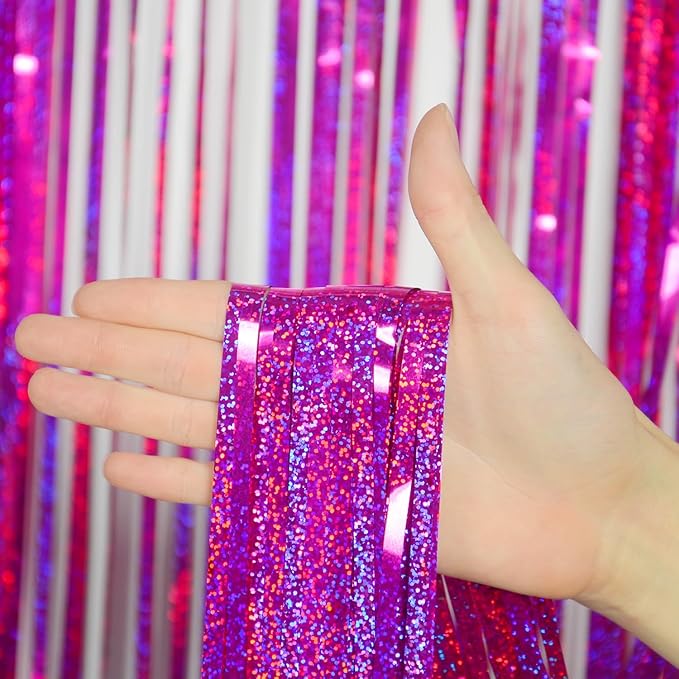 Melsan 2 Pack 3.2 ft x 8.2 ft Hot Pink Tinsel Foil Fringe Curtains Backdrop, Sparkle Foil Tinsel Curtains for Party Picture Area Decoration, Rose Red