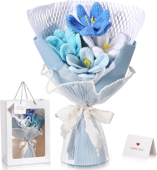Crochet Flowers Bouquet Gift Christmas Crochet Flower Tulips Completed Handmade Knitted Bouquet with Card for Women Girlfriend Lover Appreciation Gift Birthday Wedding Teacher Decor(Blue)
