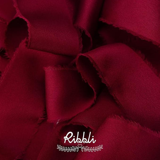 Ribbli Burgundy Silk Satin Ribbon 1.5 Inch x 12 Yard Handmade Frayed Chiffon with Wooden Spool Burgundy Red for Gift Wrapping Wedding Invitations Bridal Bouquets Home Decor