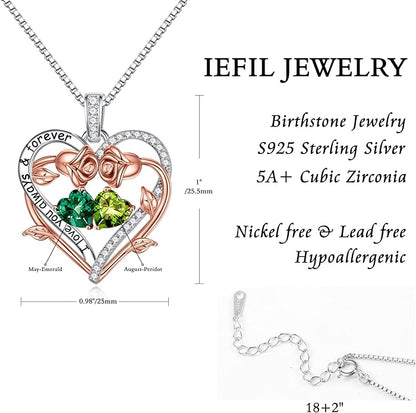 Iefil Rose Heart Double Birthstone Necklace Gifts for Wife Her Mom Women, Birthstone Jewelry Gemstone Birthday Gifts for Girlfriend Grandma Her Wife Women