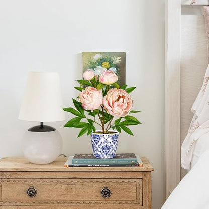 Briful Faux Peony Flowers in Blue and White Ceramic Pot – 13.8" Realistic Silk Peonies Artificial Peony Floral Arrangement Fake Potted Peony Flowers for Home Office Room Desk Shelf Decor(Pale Pink)