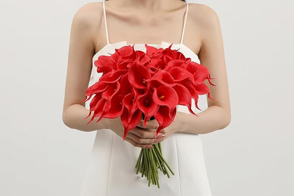 SITUMEIZI 24 PCS Red Fake Flowers Artificial Calla Lily Silk Flowers Real Touch for Mother's Day Easter Home Kitchen Decor Wedding Bouquet Office Spring Decoration