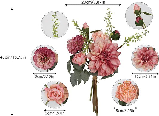 Pink Peonies Dahlia Artificial Flowers 2 Bouquets Vintage Peonies Combo Dahlia 18Stems Silk Flower Arrangements for Wedding Decoration Bride Bouquet Flowers Crafts Floral Arrangement (Pink)