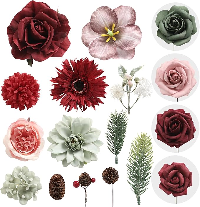 YYHUAWU Artificial Christmas Flowers Combo Box Set Fake Flowers Leaf with Stems for DIY Tree Ornaments Xmas Wreath Floral Arrangements Centerpieces