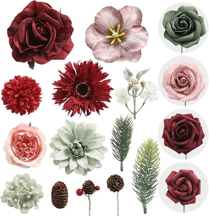 YYHUAWU Artificial Christmas Flowers Combo Box Set Fake Flowers Leaf with Stems for DIY Tree Ornaments Xmas Wreath Floral Arrangements Centerpieces