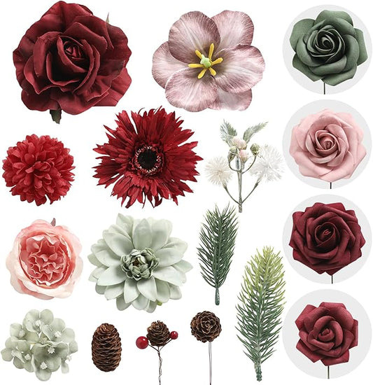 YYHUAWU Artificial Christmas Flowers Combo Box Set Fake Flowers Leaf with Stems for DIY Tree Ornaments Xmas Wreath Floral Arrangements Centerpieces