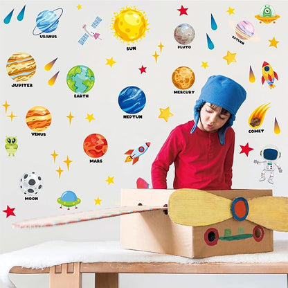 Outer Space Wall Decals 4 Sheets 58 Pcs Planets, Rocket & Astronaut Wall Stickers Removable Nursery Decor for Kids Bedroom, Playroom, Classroom Peel & Stick Space Theme Decals for Boys Girls