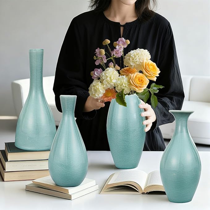 Ceramic Vase Set of 4, Elegant Azure Color Vase for Rustic Modern Home Decor, Crackled Ice Patterns Glaze Decorative Vases for Living Room, Kitchen,Table,Shelf,Office,Housewarming,Gift