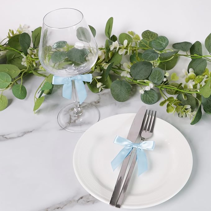 50 PCS Light Blue Twist Tie Bows 2.5" Satin Ribbon Bows Decor for Gift Wrapping Craft Treat Bags Cake Pop Basket, Wedding Baby Shower Birthday Party Favors