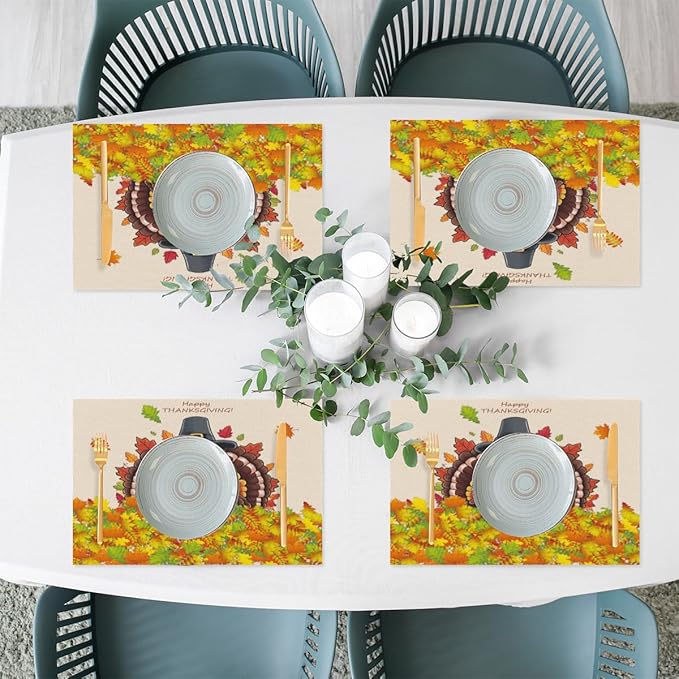Thanksgiving Leaf Turkey Placemats Set of 6 PVC Vinyl Non Slip Table Mats Heat Resistant Place Mats Washable Wipeable Dining Table Mat for Kitchen Decor Party Indoor Outdoor Decorative Gift