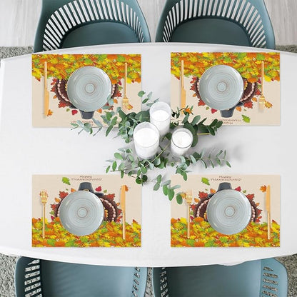 Thanksgiving Leaf Turkey Placemats Set of 4 PVC Vinyl Non Slip Table Mats Heat Resistant Place Mats Washable Wipeable Dining Table Mat for Kitchen Decor Party Indoor Outdoor Decorative Gift