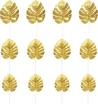 CCINEE 24PCS Golden Artificial Palm Leaves, 3 Sizes Faux Monstera Leaves Simulation Safari Leaves with Stems for Home Hawaiian Luau Party Jungle Beach Theme Party Decoration
