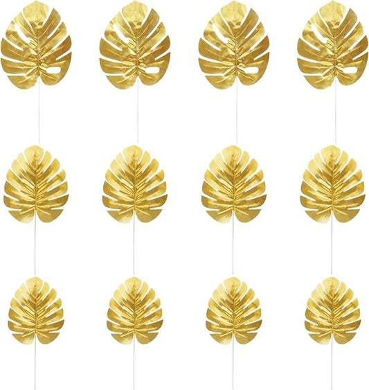 CCINEE 24PCS Golden Artificial Palm Leaves, 3 Sizes Faux Monstera Leaves Simulation Safari Leaves with Stems for Home Hawaiian Luau Party Jungle Beach Theme Party Decoration