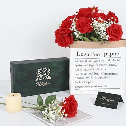 Waipfaru 20 Pcs Fake Red Roses Babys Breath Artificial Flowers Bulk, Silk Red Rose Faux Babys Breath with Long Stems for Wedding Bouquet Vase Flower Arrangement