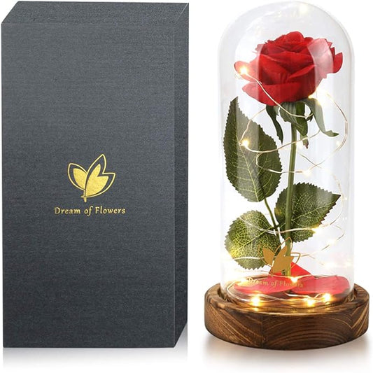 Christmas Beauty and The Beast Rose Gifts for Women, Birthday Gifts for Her, Red Rose Gifts for Mom Wife Grandma, Eternal Rose in Glass Dome with LED Lights, Women's Gift