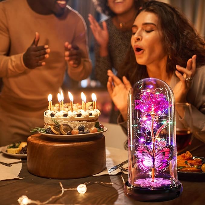 Christmas Rose Gifts for Women Birthday Gift Rechargeable Galaxy Glass Rose Light Up Roses In Glass Dome Forever Crystal Flowers Butterfly Xmas Gifts for Women Wife Grandma Her Sister Friends Pink