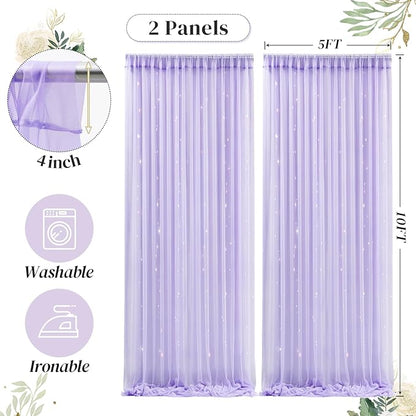 10ft x 10ft Purple Backdrop Curtain with Lights String for Parties, Sheer Tulle Wedding Photo Backdrops Drapes for Baby Shower Birthday Party Decorations Background for Photography