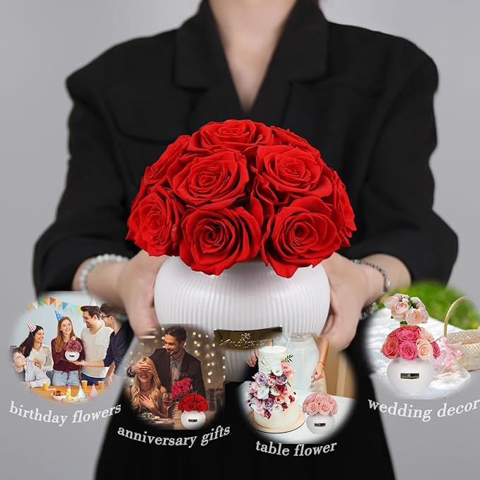 Preserved Roses,Weeding Flowers,Table Centerpiece Flowers,14Pcs Long Lasting Real Rose in Ceramic Vase,Table Flowers for Party,Wedding Decor,Birthday,Anniversary,Wedding Gifts for Her (Burnt Brown)