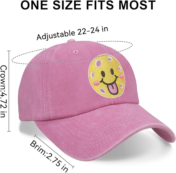 Pickleball Hat for Women Men, Adjustable Embroidered Cotton Smiley Face Washed and Distressed Baseball Cap Pink