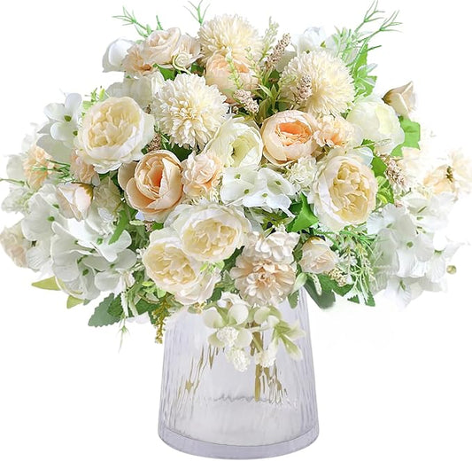 ASTRYAS 4Pcs White Peonies Artificial Flowers Fake Silk Peonies Faux Peony Mixed Chrysanthemum Flower Arrangements for DIY Wedding Table Centerpieces Party Baby Shower Home Decorations